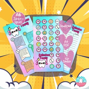 Puede incluir: Un juego imprimible colorido para niños con un lindo personaje de diente de dibujos animados. El juego se llama "Zahnfee Toozy" e incluye un tablero de juego, una hoja de puntuación e instrucciones. El juego está diseñado para ayudar a los niños a aprender sobre la higiene dental y ganar recompensas por cepillarse los dientes.