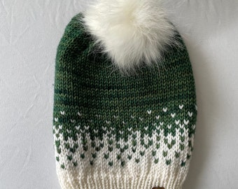 Ombré grass green and white knit hat | Extra slouchy with faux fur pom | Great friend holiday gift!