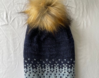 Ombré blues knit hat - light blue base | Extra slouchy with faux fur pom | Great gift!