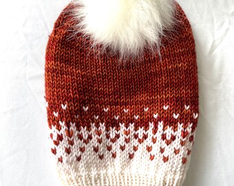 Ombré carrot orange and white knit hat | Extra slouchy with faux fur pom | Great friend holiday gift!