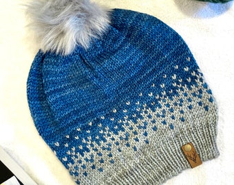 Ombré denim and gray knit hat | Extra slouchy with faux fur pom | Great friend holiday gift!