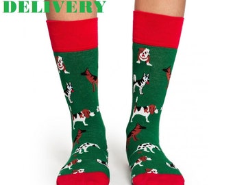 Men's Soft Socks Red,Green,Perfect Gift,Cotton,Featuring Animal, Sport,Party,Dogs,Pets Funny,Prints,Sizes-40-45,UK-8-12,One Size fits All