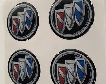 Buick Epoxy Emblem Set of 4 x All sizes Domed Silicone Stickers 3D Print Logo for Wheel Center Cap, Laptop, Car interior, Door, Mirror