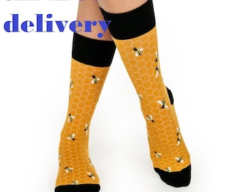 UK Store,Women's Soft Socks,Perfect Gift,Yellow,Black,78% Cotton,Bee Flower,Sizes-35-39