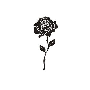 Può includere: Una silhouette nera di una singola rosa con stelo e foglie.