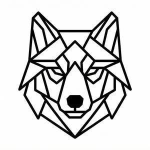 May include: A geometric illustration of a wolf's head in black lines on a white background. The design features sharp angles and shapes, creating a modern, stylized look. The wolf's face is centered, with a focus on the eyes and nose.