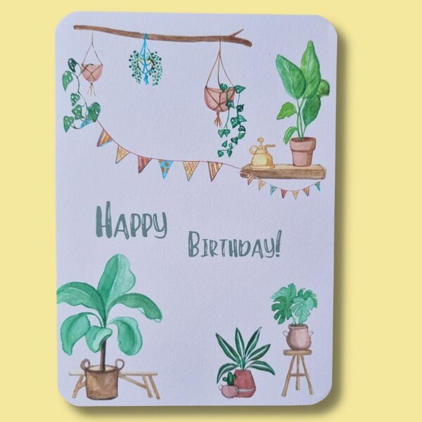 plantenliefhebber kaart , 'Happy birthday', planten wenskaart, plantlover card, aquarel groen kaart, plantenliefhebber, plantmama