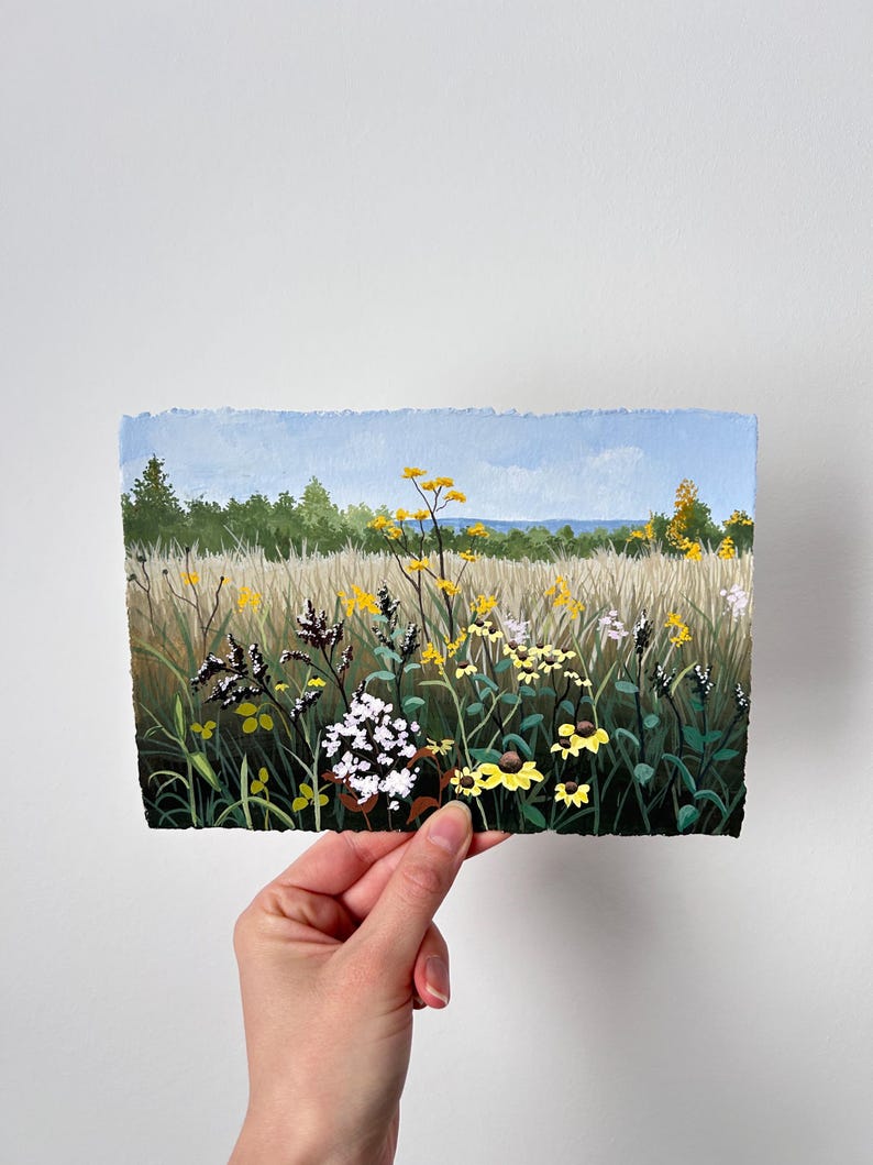 Flowers in field | Original Gouache Malerei | Naturbild | Wanddekor image 2