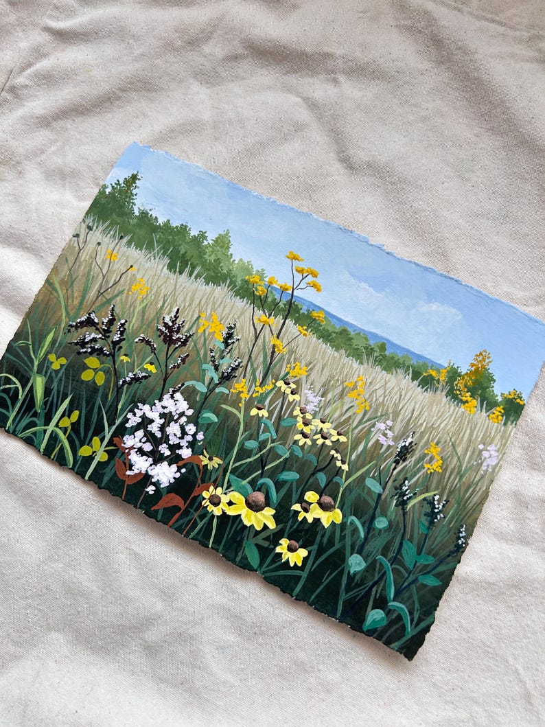Flowers in field | Original Gouache Malerei | Naturbild | Wanddekor image 3