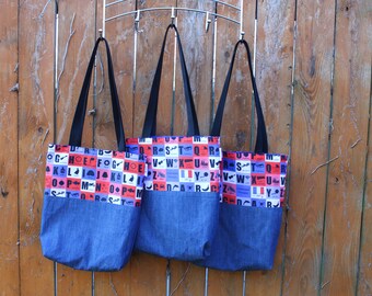 French alphabet and blue denim tote bag