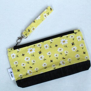 Black denim and bees pencil case / zipped pouch with detachable zip pull / key fob