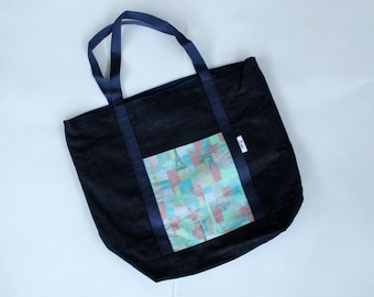 Large denim tote with colourful Paris pockets