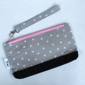 Black denim and hearts pencil case / zipped pouch with detachable zip pull / key fob