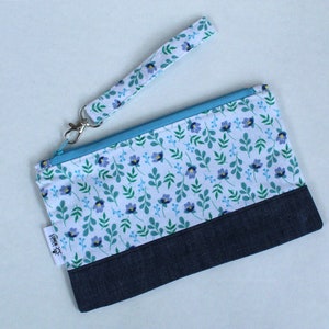 Blue denim and flowers pencil case / zipped pouch with detachable zip pull / key fob
