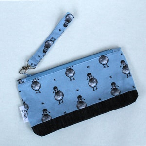 Black denim and ducks pencil case / zipped pouch with detachable zip pull / key fob