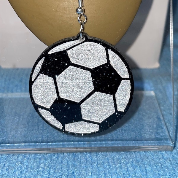 Soccer ball earrings.  Black glitter acrylic.