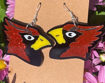 Bridge City Cardinals Earrings.  Black with Red Glitter and Yellow acrylic inlay.  School Spirit.  Laser engraved and cut.