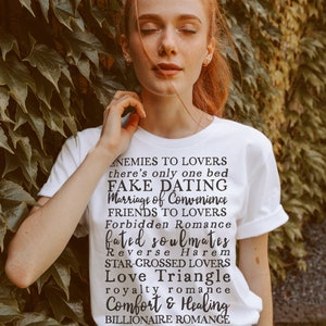 Romance Novel Tropes Shirt for Reader Bookworm and Bibliophile, BookTok Trend, Enemies to Lovers, Forbidden Romance, there's only one bed White