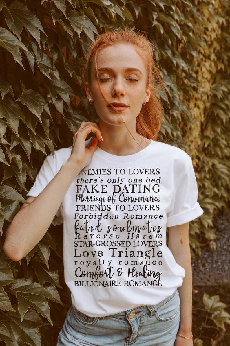 Romance Novel Tropes Shirt for Reader Bookworm and Bibliophile, BookTok Trend, Enemies to Lovers, Forbidden Romance, there's only one bed White
