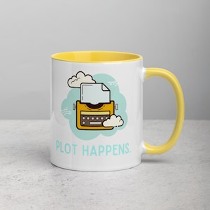 ARGUMENTO SUCEDE Taza Regalo para escritores Autores Lectores Ratones de libro Bibliotecarios Inglés Especialidades Literatura Nerds Profesores Máquina de escribir divertida