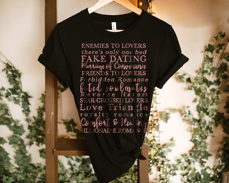 Romance Novel Tropes Shirt for Reader Bookworm and Bibliophile, BookTok Trend, Enemies to Lovers, Forbidden Romance, there's only one bed Black Heather