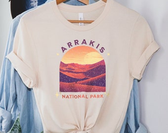 Camiseta del Parque Nacional Arrakis, inspirada en Dune, autor Herbert, camiseta vintage parodia de ciencia ficción, camisa unisex