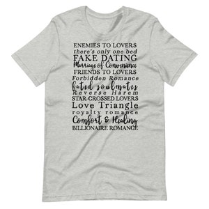 Romance Novel Tropes Shirt for Reader Bookworm and Bibliophile, BookTok Trend, Enemies to Lovers, Forbidden Romance, there's only one bed Athletic Heather