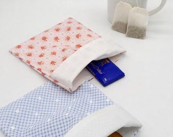 Reusable Snack Pouch Set of 2 | Floral & Blue Gingham Fabric Snack Bags | Eco Friendly Washable Food Pouches