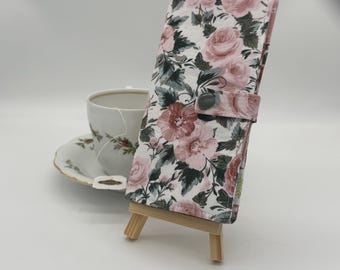 Six Pocket Tea Wallet – Floral Rose Tea Bag Holder – Pink & Deep Green Fabric – Handmade Tea Organizer