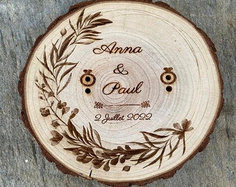 Customizable wooden wedding ring holder, natural eco-friendly boho chic wedding