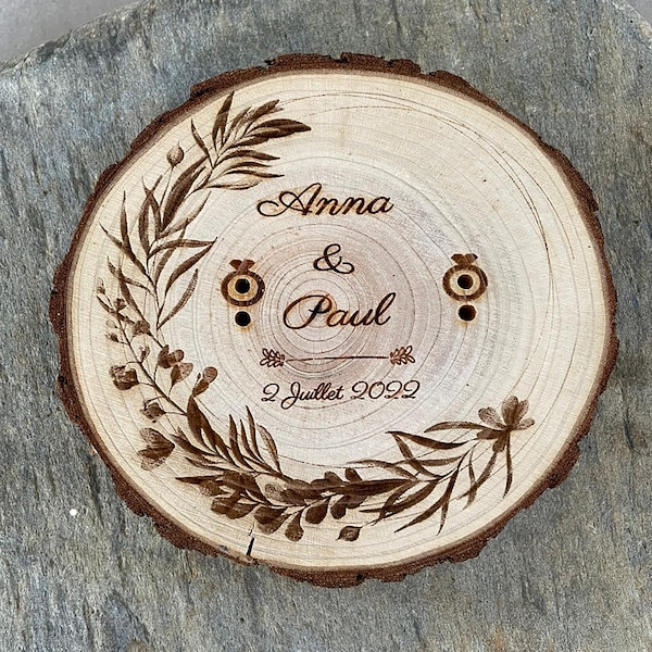 Customizable wooden wedding ring holder, natural eco-friendly boho chic wedding