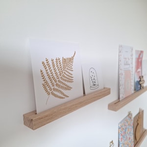 Może przedstawiać: Drewniane pływające półki z nadrukami artystycznymi. Jeden przedstawia złoty wzór paproci, drugi czarno-białą ilustrację szklanej kopuły z roślinami. Półki są zamontowane na białej ścianie, prezentując minimalistyczny styl wystroju.