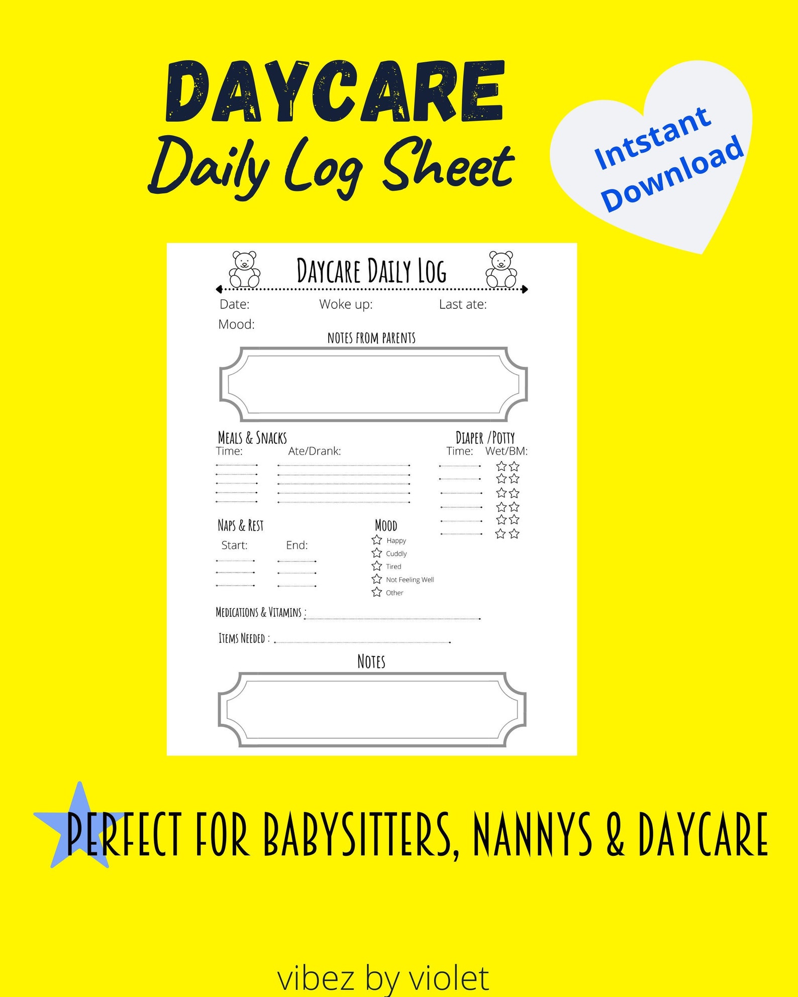 Printable Daycare Daily Log Nanny Log Babysitter Daily Log Instant