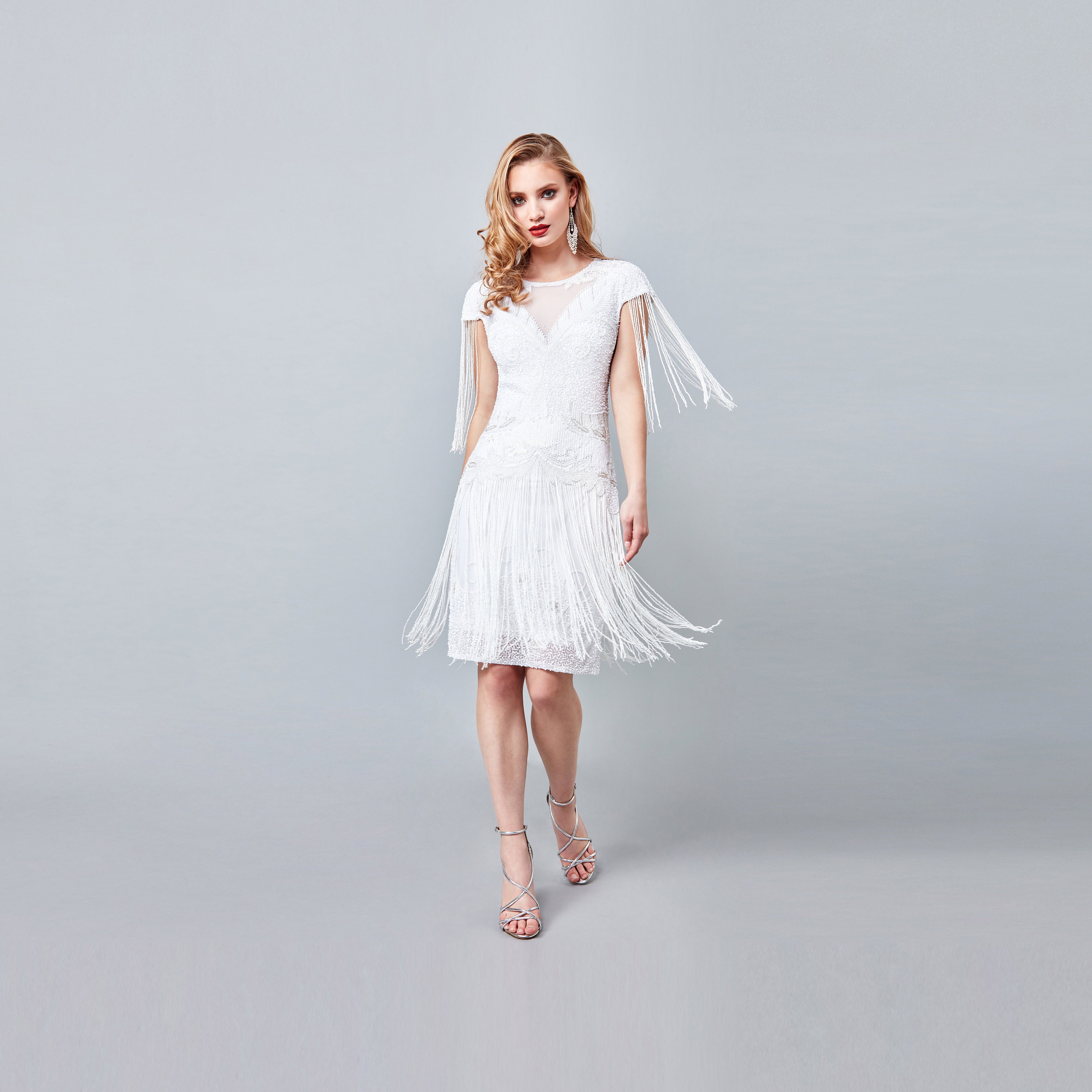 Rosedress Sparkly V Neck Sleeveless Gatsby Fringe Flapper Party Mini Dress - White, XL / White