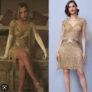 As seen on the movie of YOU Sybil Gold Fringe Dress Jazz age 1920s Vintage inspired Gatsby Art Deco Charleston Downton Abbey Bridesmaid