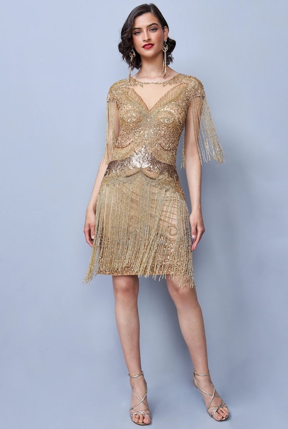 Gold fringe flapper dress sales