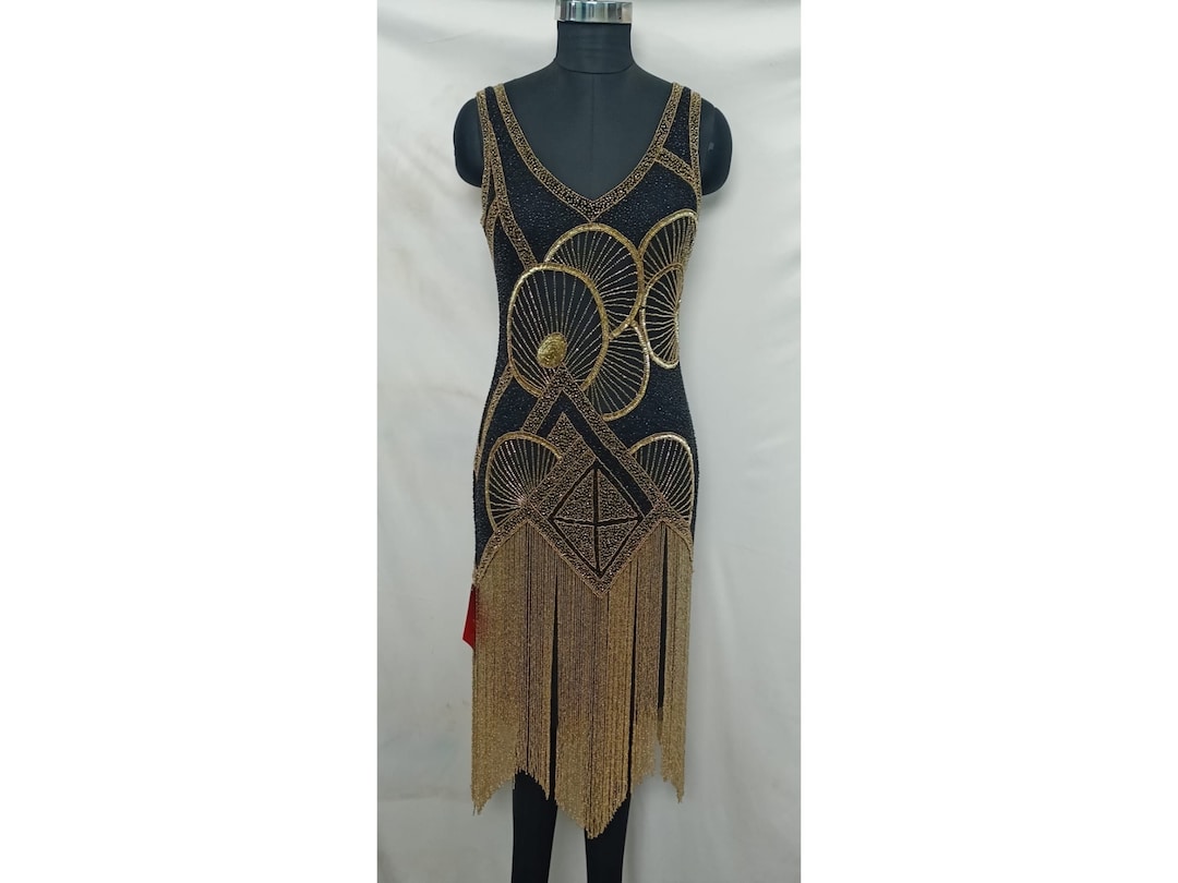 Jade Black Gold Fringe Flapper Dress Slip Included 20s Great Gatsby Art