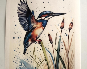 Original "Kingfisher Perched" Watercolor Painting, Framed Wildlife Bird Art