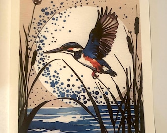 Original Kingfisher Over Water - Watercolor Painting, Framed Bird Art, Wildlife Wall Decor
