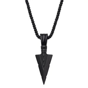 May include: A black necklace with a black arrowhead pendant. The chain is a simple, box chain.