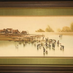 Vintage 1971 Thai Watercolor Painting by T. Supsirikool Traditional Bamboo Trap Fishing Landscape Original Framed Artwork Signed