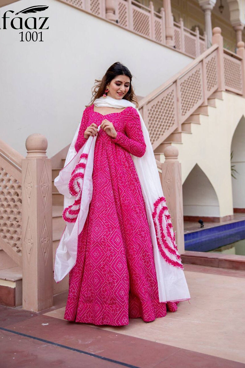 Wine Georgette Bandhej print Designer Long length Coord set with Heavy mirror Pasting on Designer Neck & sleeves main image 1