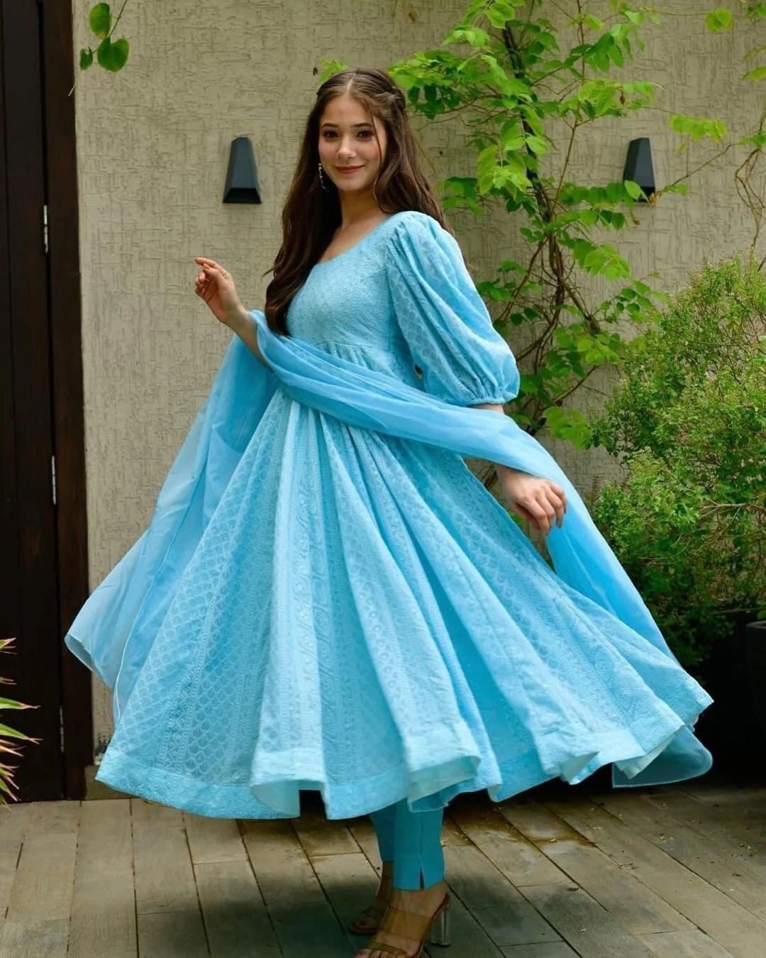 Designer Sky Blue Gown For Wedding Reception Special