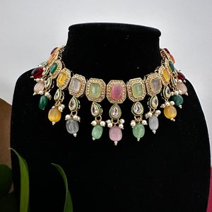 Indian Wedding Jewelry Set | Multicolor Choker Necklace Metallic Gold | Indian Jewelry