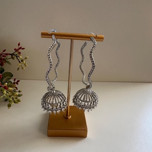 Silver Jhumka Earrings with Wavy Drop | Indian Statement Dangle Earrings | Bridal Bollywood Jewelry for Weddings & Parties
