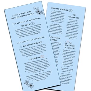 May include: A light blue pamphlet explaining the details of an Orthodox wedding service. The pamphlet includes text about the rings, the joining of hands, the crowns, scripture readings, the common cup, and the benediction and greeting. The pamphlet is decorated with floral illustrations.