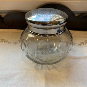 Vintage vanity jar - glass and silver jar - scrollwork