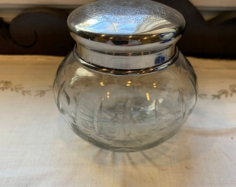 Vintage vanity jar - glass and silver jar - scrollwork