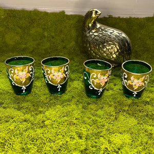 Four + 1 antique French shot glasses or cordial glasses - emerald glass - hand painted gold - enamel applied flowers