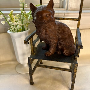 Vintage brass high back miniature chair with carved resin cat